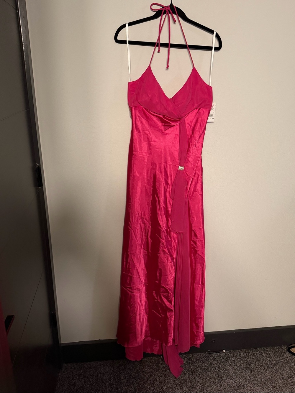Hot Pink Halter Satin Evening Dress - Picture 1 of 5